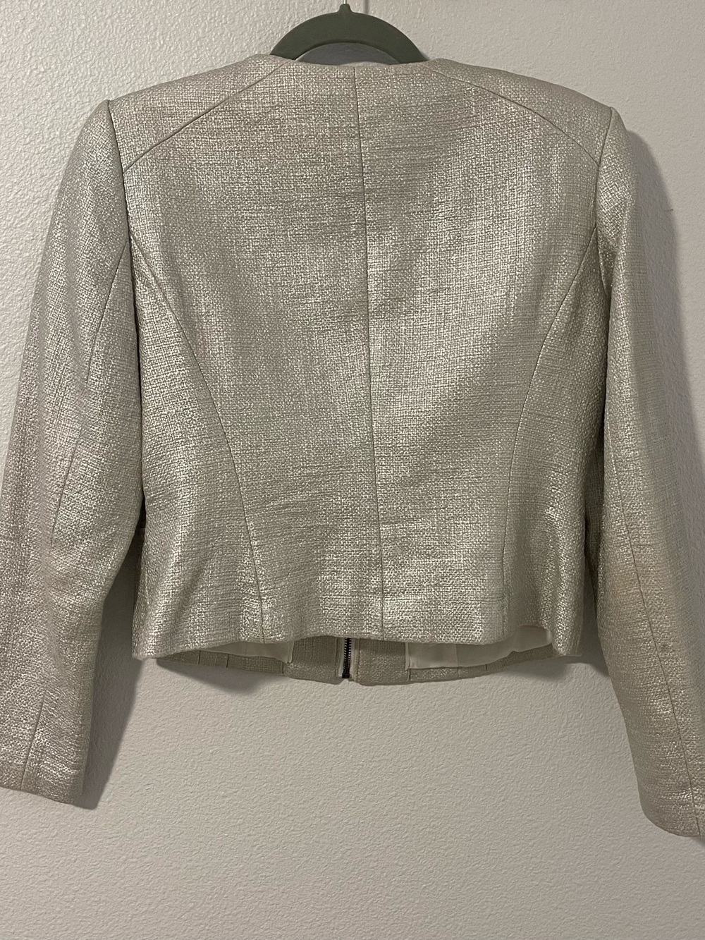 White House Black Market Silver Metallic Collarless Zip Jacket - Picture 3 of 6